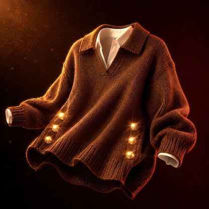 Women's Polo Knit Jumper V-Neck Gold Button Detail Relaxed Fit