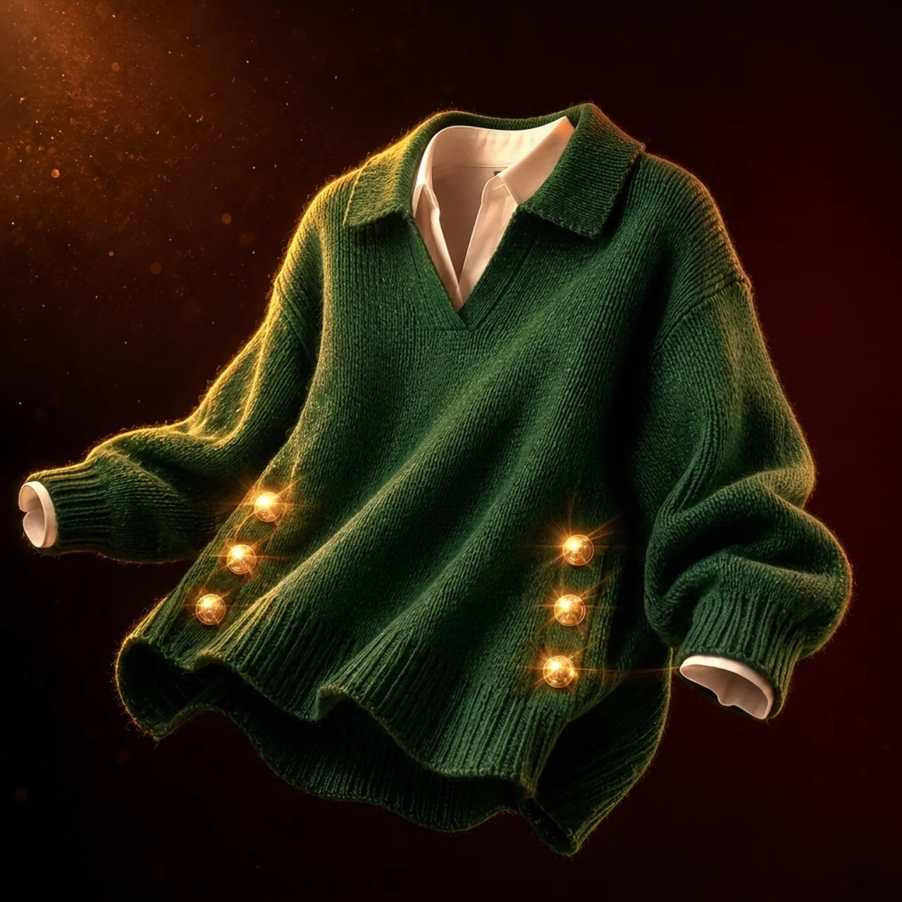 Women's Polo Knit Jumper V-Neck Gold Button Detail Relaxed Fit