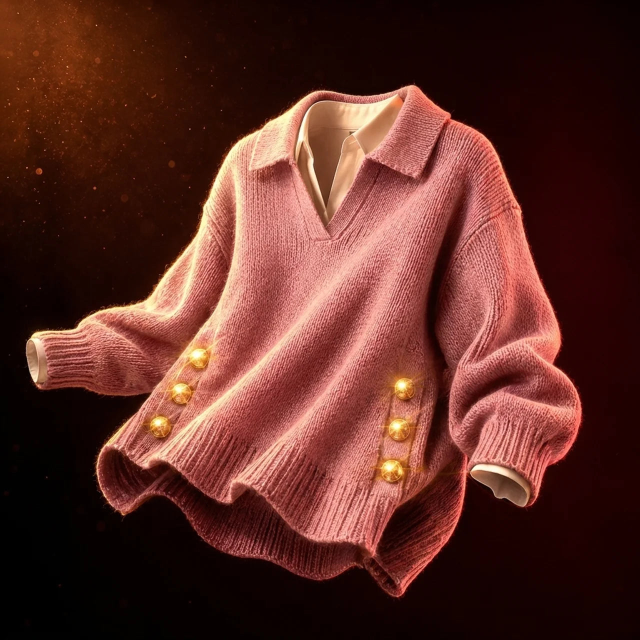 Women's Polo Knit Jumper V-Neck Gold Button Detail Relaxed Fit