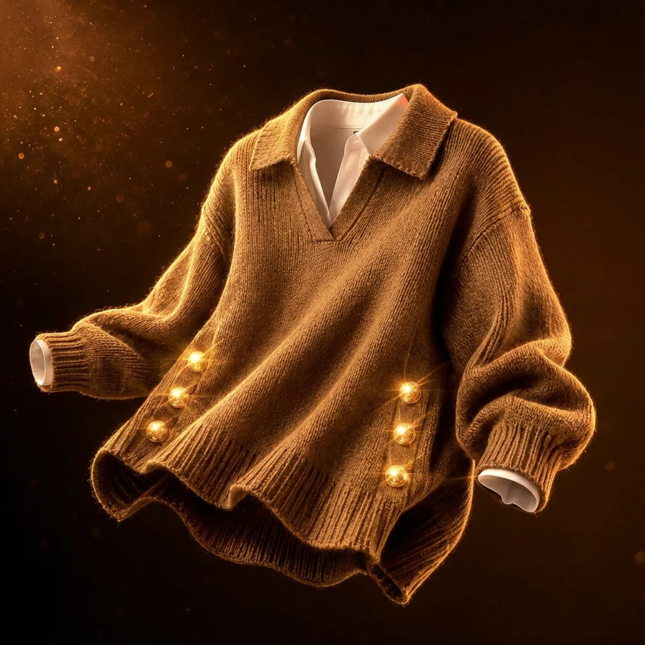 Women's Polo Knit Jumper V-Neck Gold Button Detail Relaxed Fit