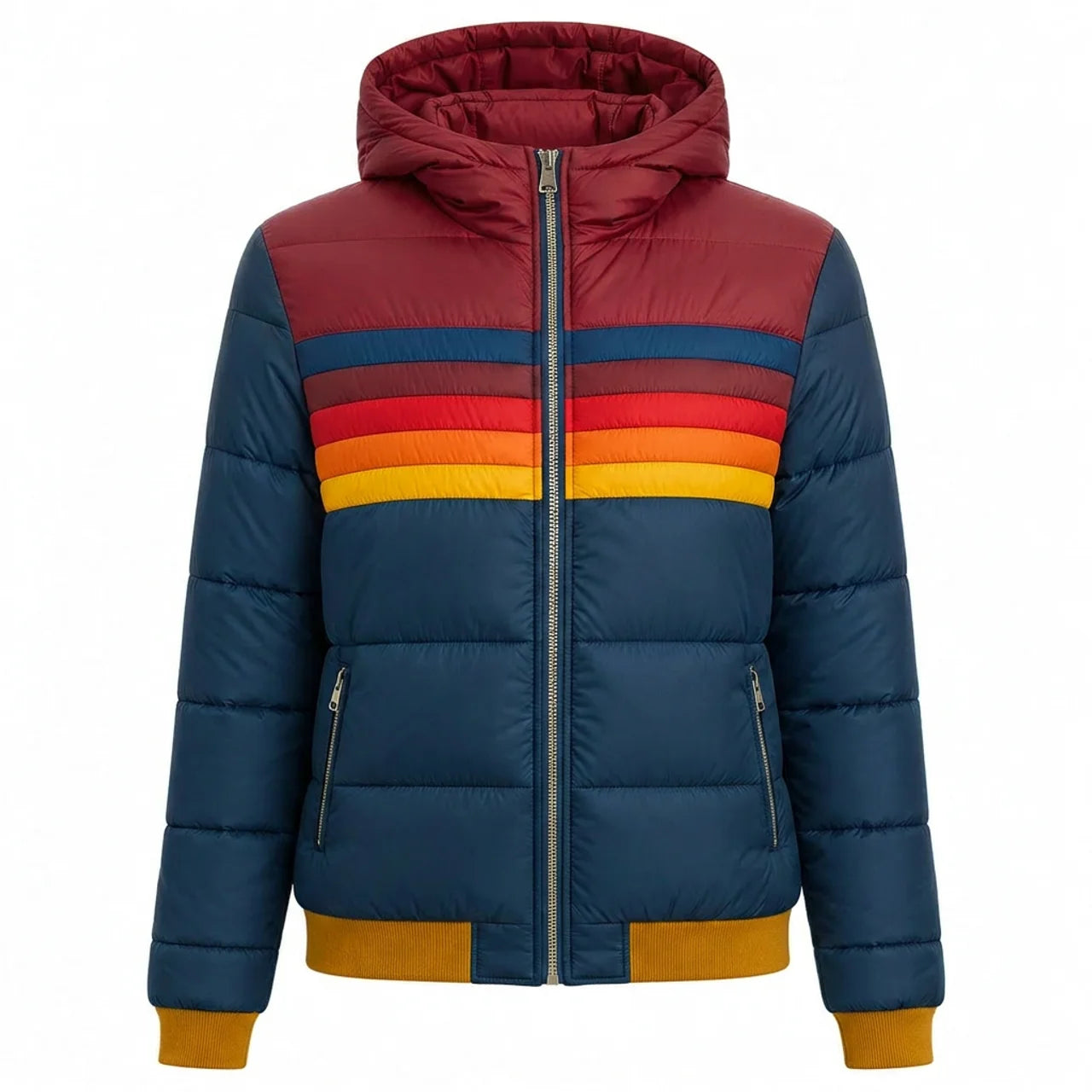 Women's Retro Puffer Jacket Rainbow Stripes Cropped Hood Casual