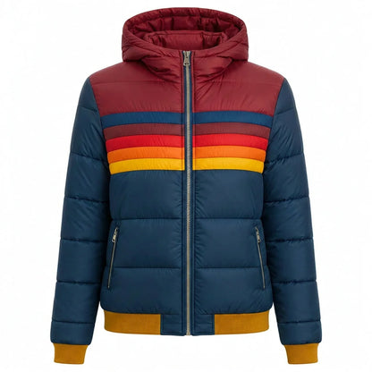 Women's Retro Puffer Jacket Rainbow Stripes Cropped Hood Casual