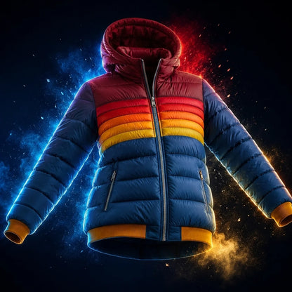 Women's Retro Puffer Jacket Rainbow Stripes Cropped Hood Casual