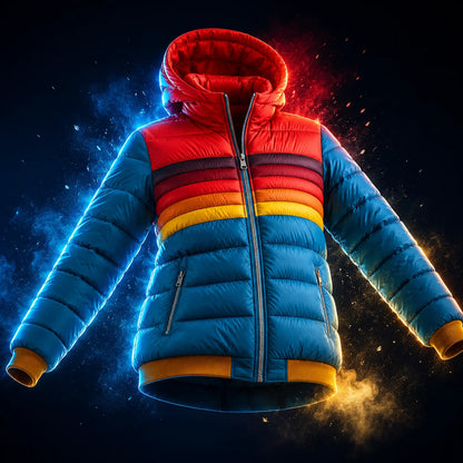 Women's Retro Puffer Jacket Rainbow Stripes Cropped Hood Casual