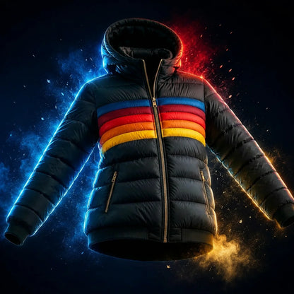 Women's Retro Puffer Jacket Rainbow Stripes Cropped Hood Casual