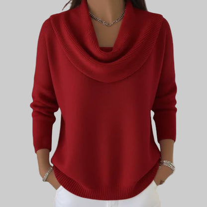 Cowl Neck Sweater Women Elegant Relaxed Fit Warm Knit Top Red Brown Green