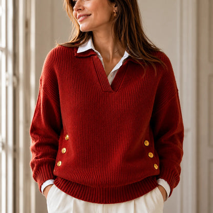 Women's Polo Knit Jumper V-Neck Gold Button Detail Relaxed Fit