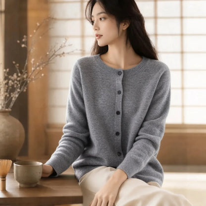 Women's Merino Wool Cardigan O-Neck Cashmere Jumper Warm Knit
