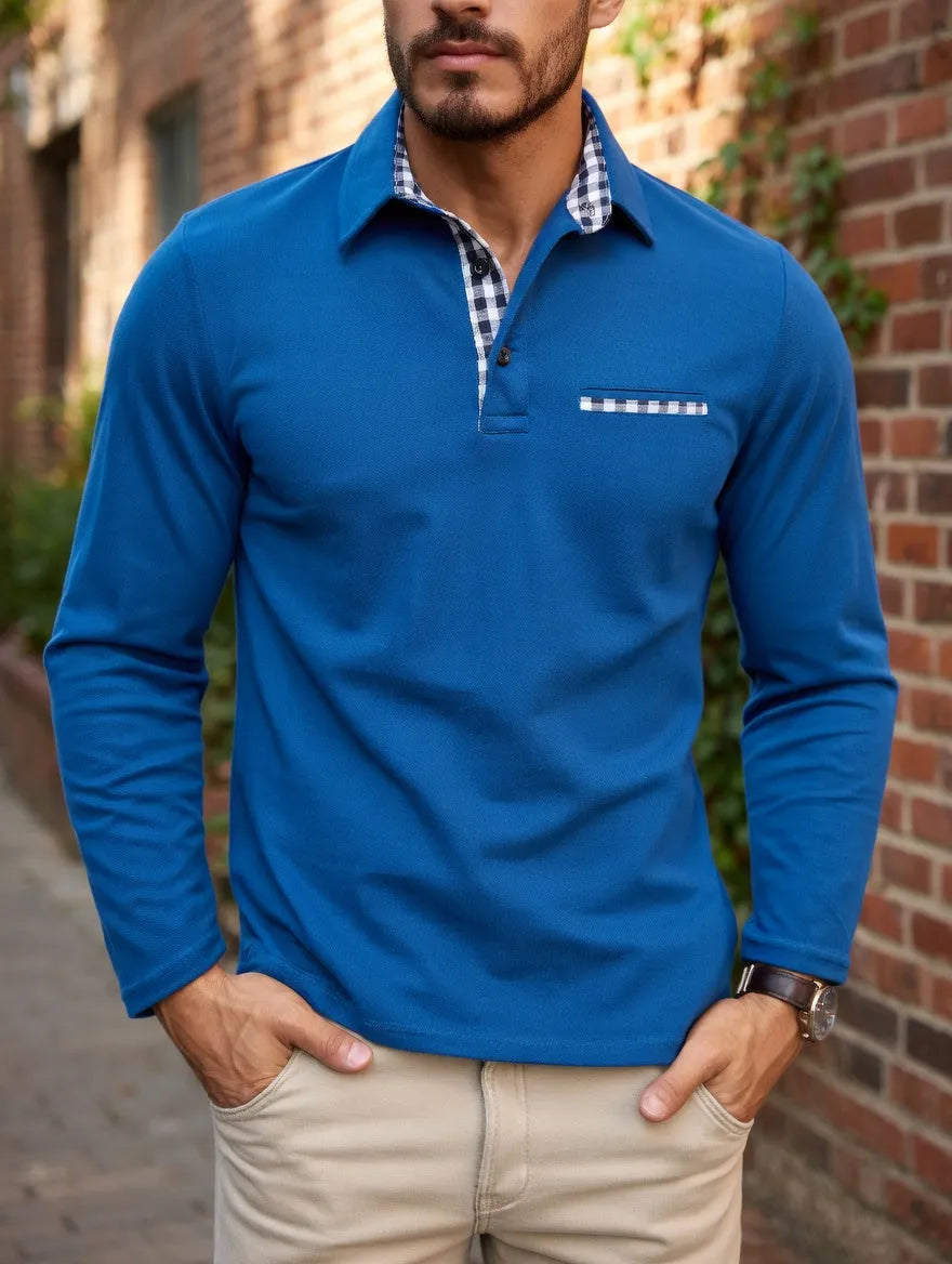 Men's Long Sleeve Polo Shirt Winter Warm Classic Casual Navy