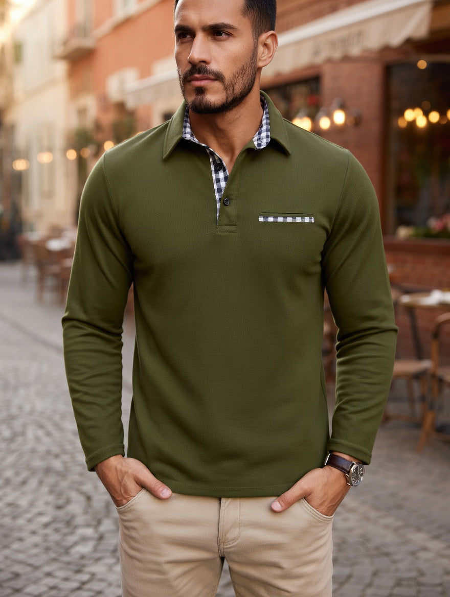 Men's Long Sleeve Polo Shirt Winter Warm Classic Casual Navy