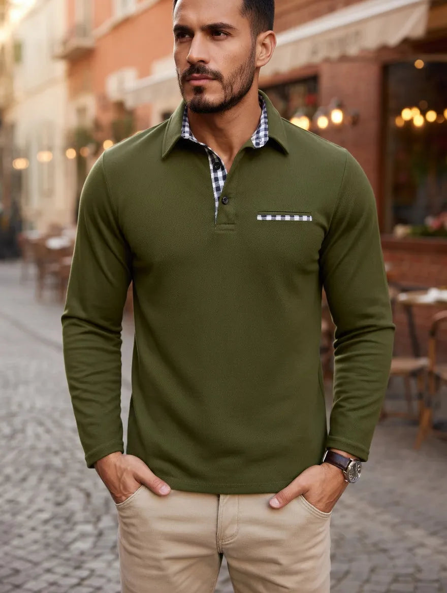 Men's Long Sleeve Polo Shirt Winter Warm Classic Casual Navy