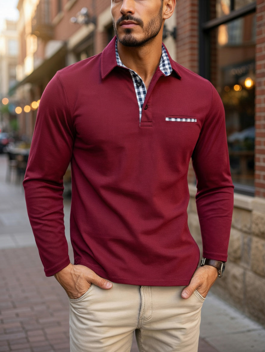 Men's Long Sleeve Polo Shirt Winter Warm Classic Casual Navy