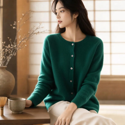 Women's Merino Wool Cardigan O-Neck Cashmere Jumper Warm Knit