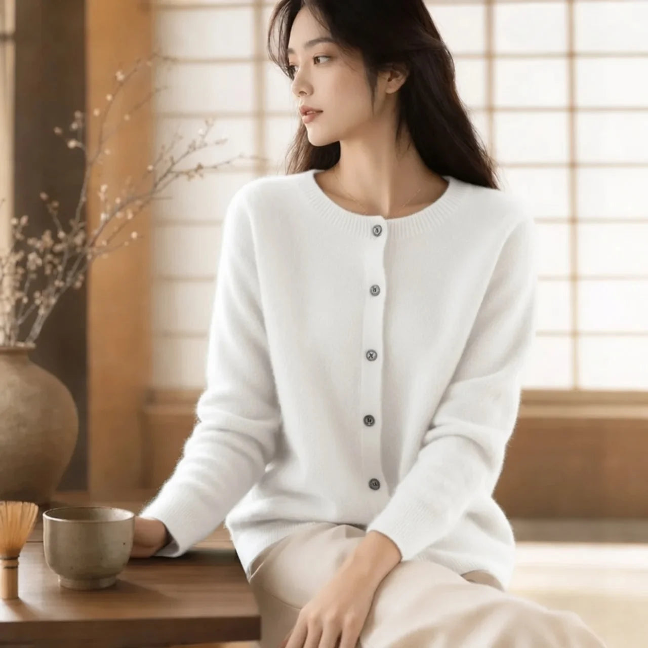 Women's Merino Wool Cardigan O-Neck Cashmere Jumper Warm Knit