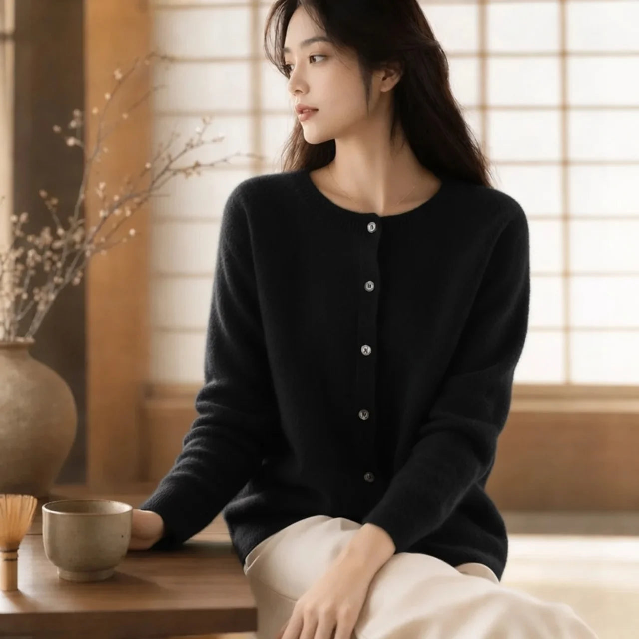 Women's Merino Wool Cardigan O-Neck Cashmere Jumper Warm Knit