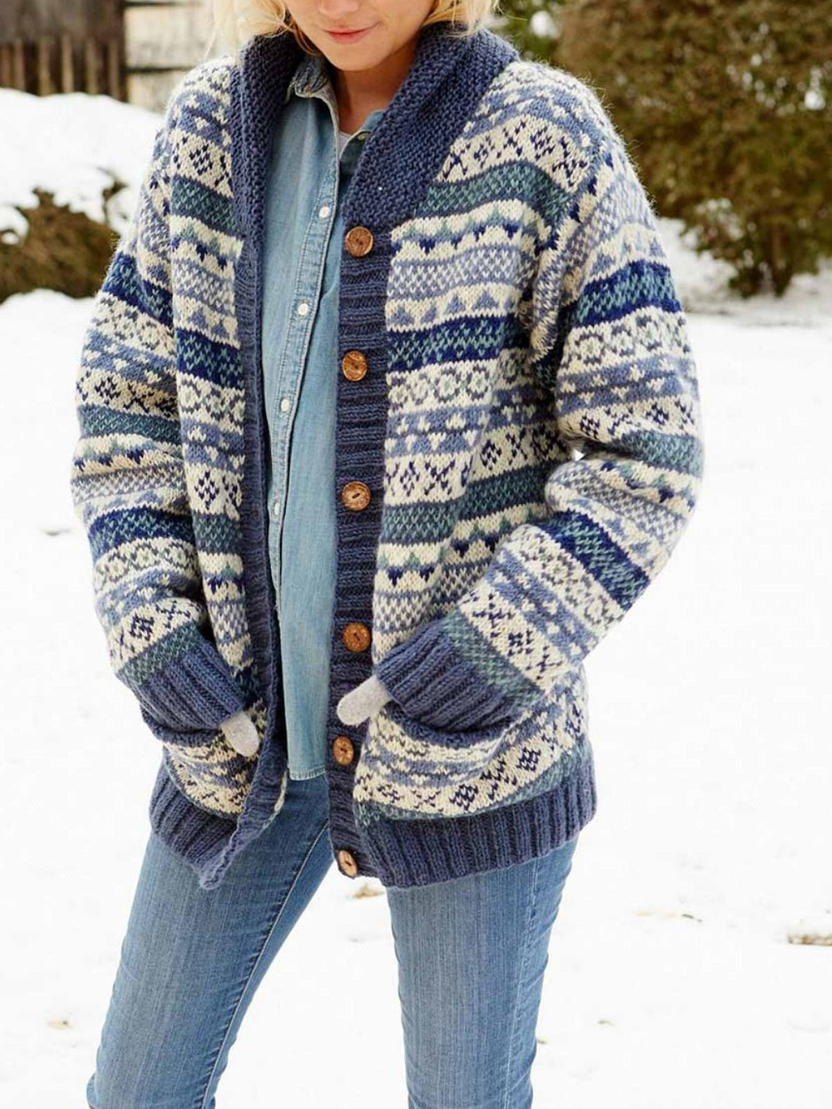 Women's Fair Isle Cardigan Shawl Collar Button Front Knit Relaxed Fit