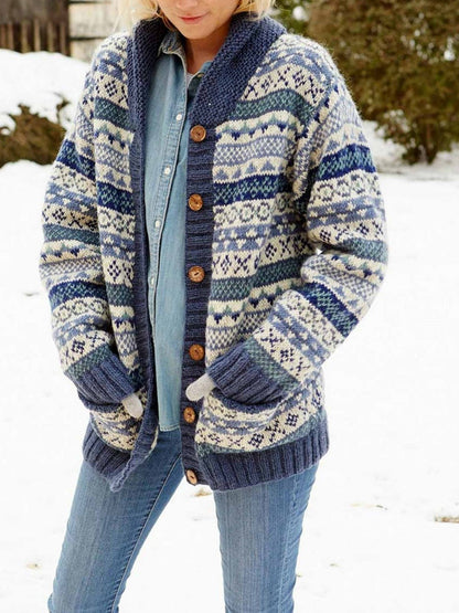 Women's Fair Isle Cardigan Shawl Collar Button Front Knit Relaxed Fit