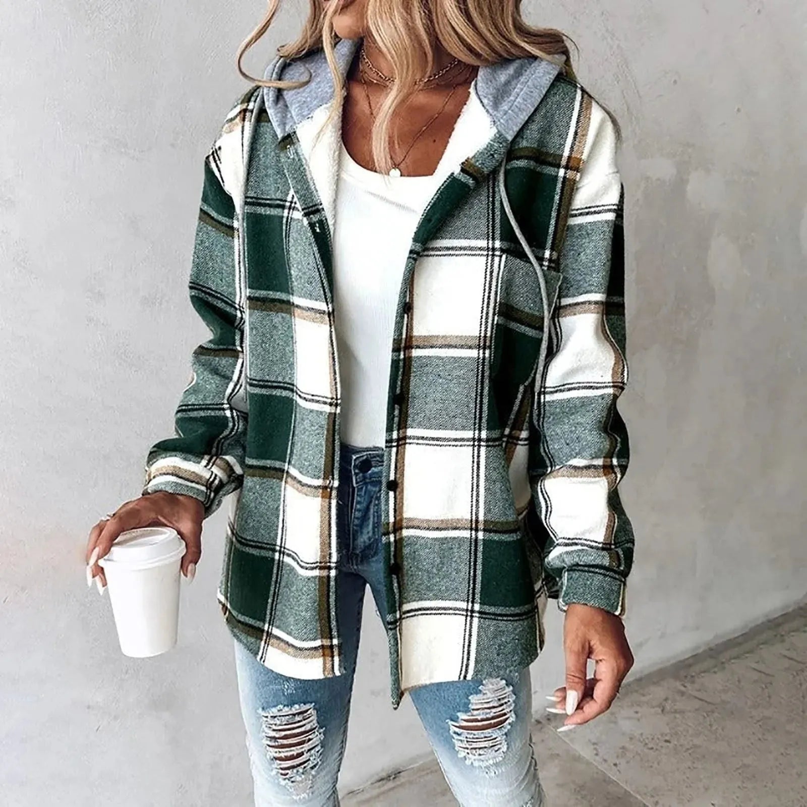 Women's Plaid Hoodie Jacket Casual Winter Warm Checkered