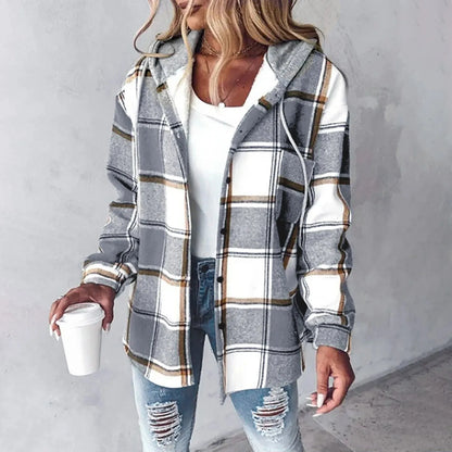 Women's Plaid Hoodie Jacket Casual Winter Warm Checkered