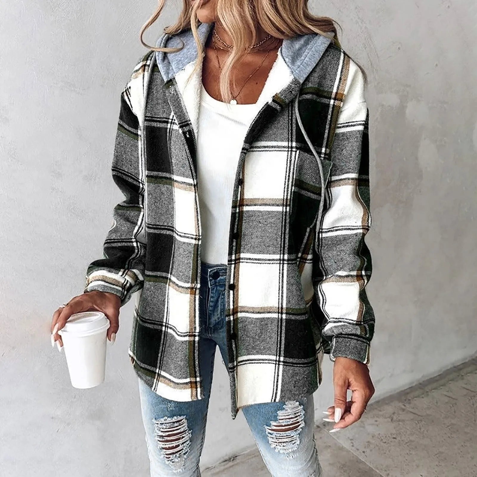 Women's Plaid Hoodie Jacket Casual Winter Warm Checkered