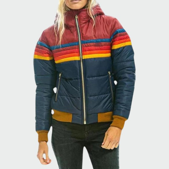 Waterproof Puffer Jacket Women Insulated Warm Colour Block All-Weather Winter Coat