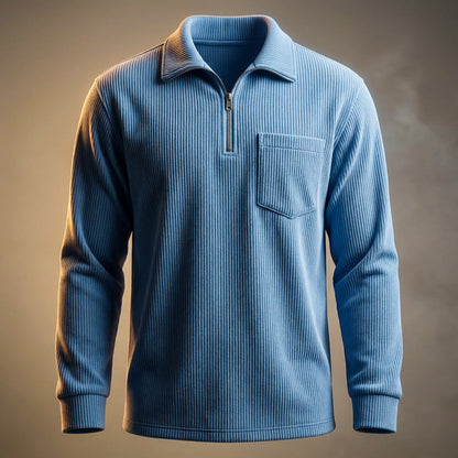Men's Quarter Zip Polo Neck Jumper Long Sleeve Ribbed Texture Chest Pocket