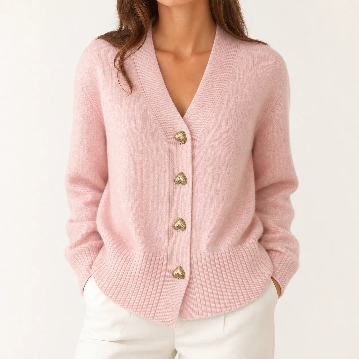 Pink heart button cardigan - studio view
