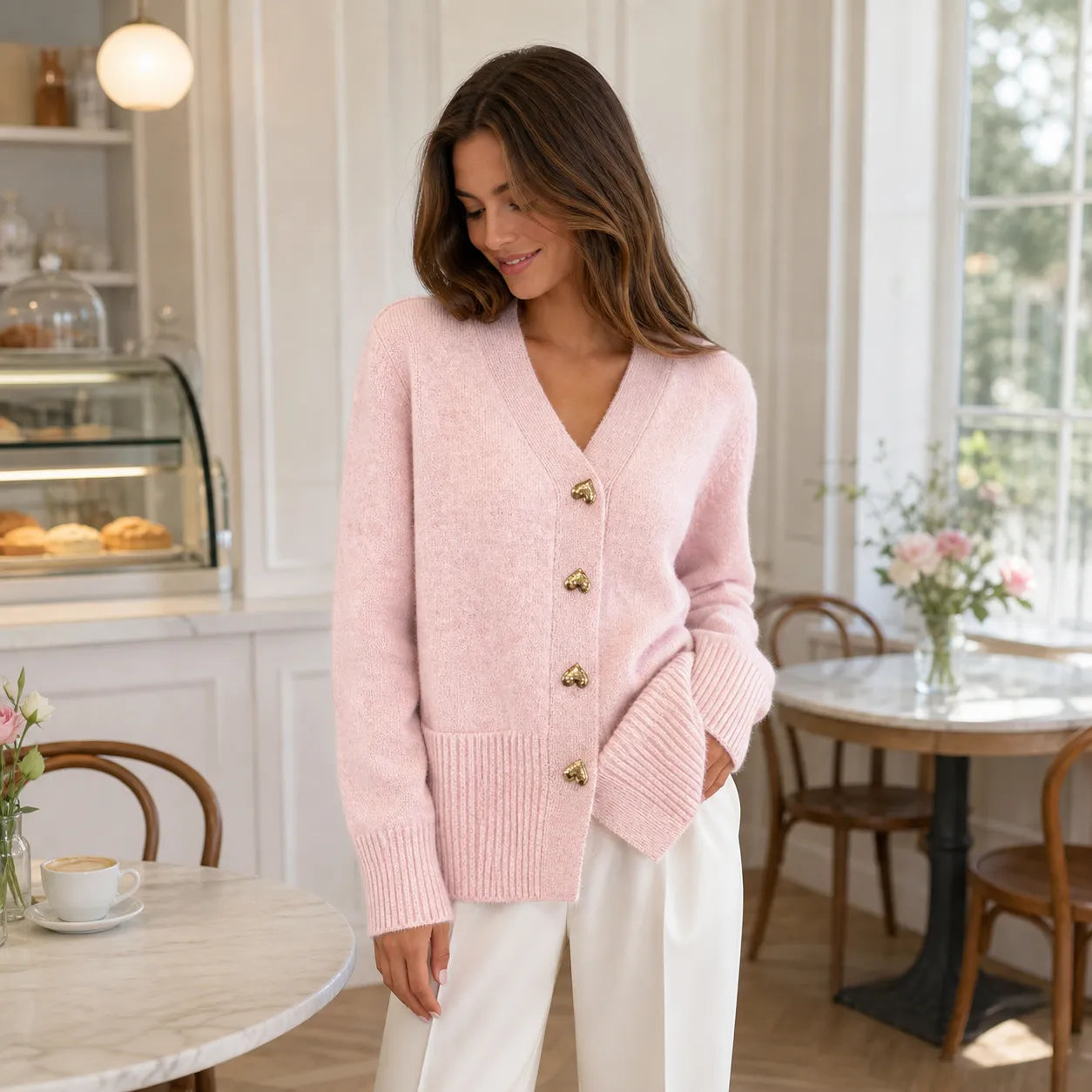 Pink heart button cardigan - lifestyle view