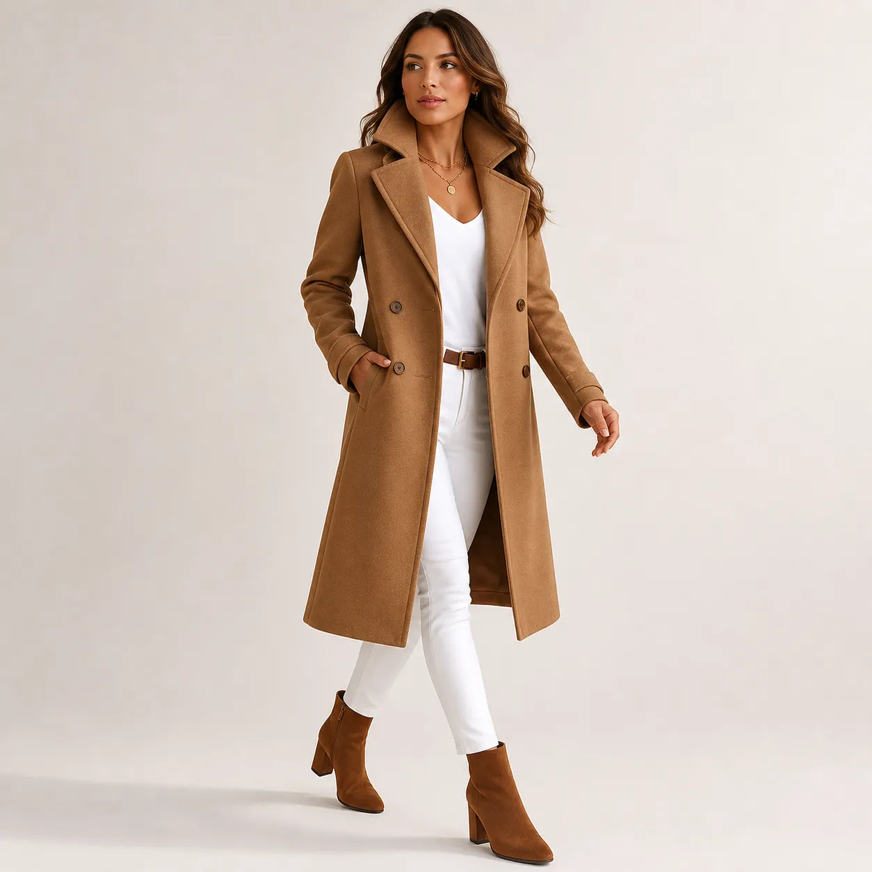 Brown long tailored coat - angled view