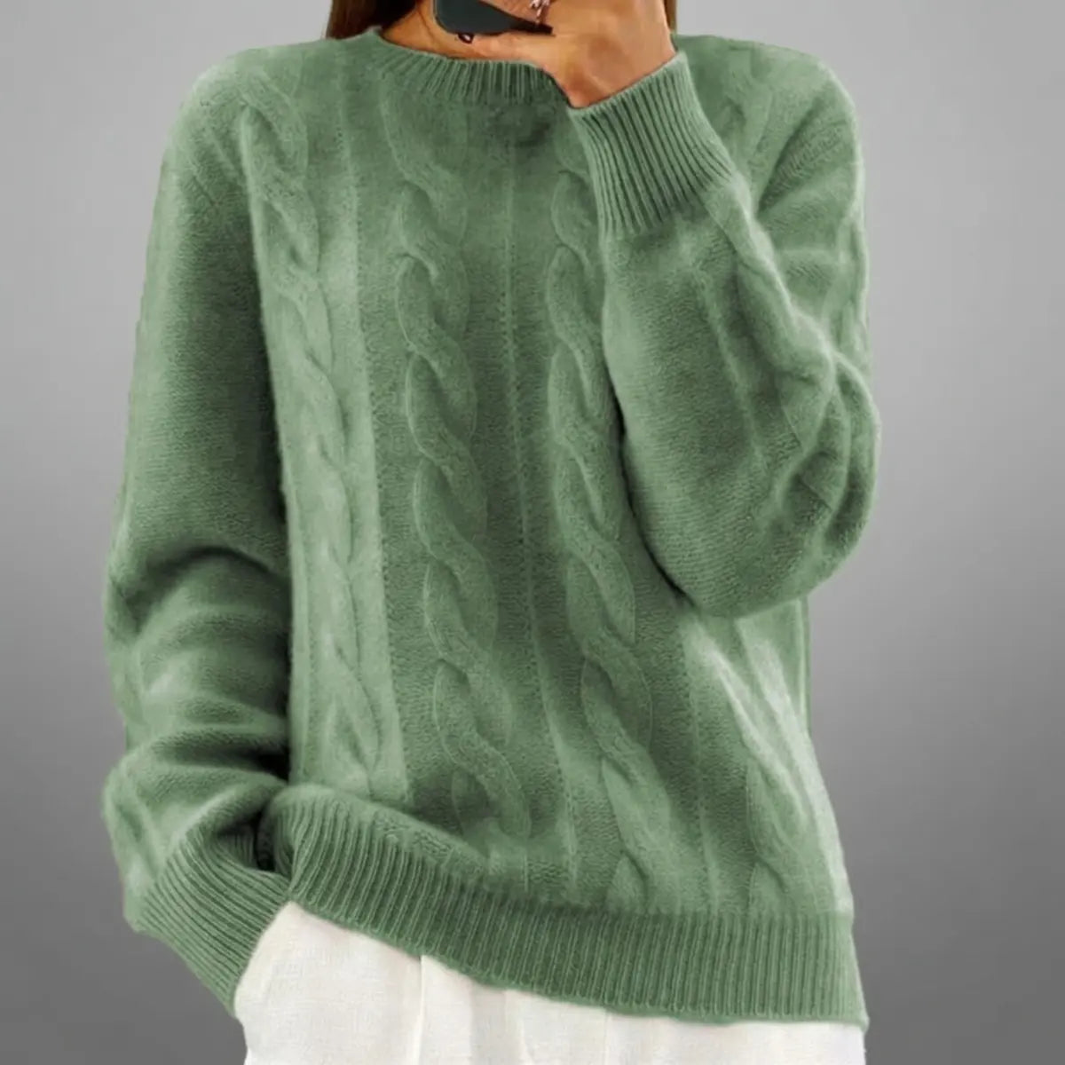 Cable Knit Wool Cashmere Sweater Crew Neck Warm Winter Pullover
