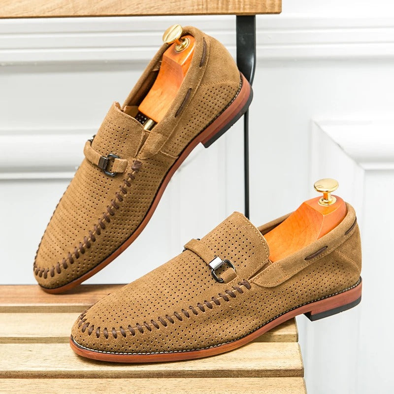 Men's Slip-On Loafers Perforated Buckle Strap Almond Toe Smart Casual Dress Shoes