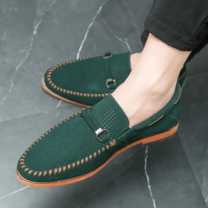 Men's Slip-On Loafers Perforated Buckle Strap Almond Toe Smart Casual Dress Shoes