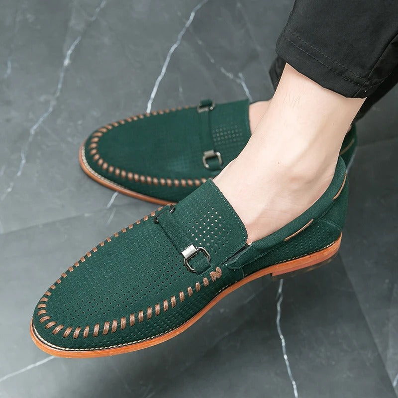 Men's Slip-On Loafers Perforated Buckle Strap Almond Toe Smart Casual Dress Shoes