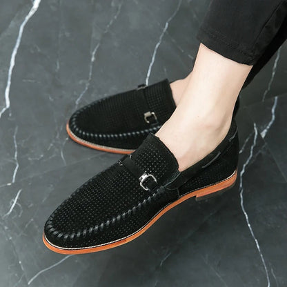 Men's Slip-On Loafers Perforated Buckle Strap Almond Toe Smart Casual Dress Shoes