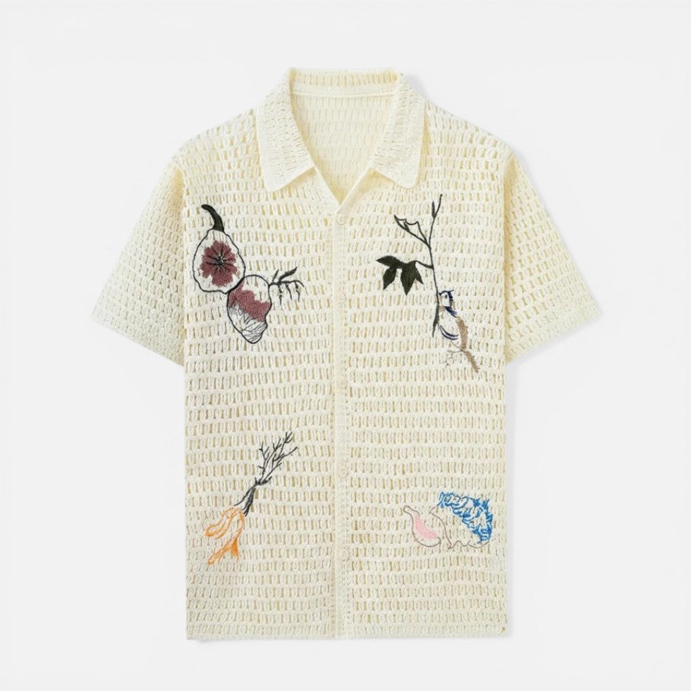 Cream short-sleeve crochet shirt with a collar, button front and embroidered motifs