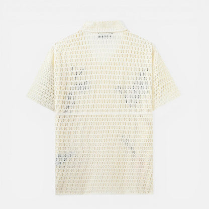 Back view of a cream short-sleeve crochet shirt with a collar