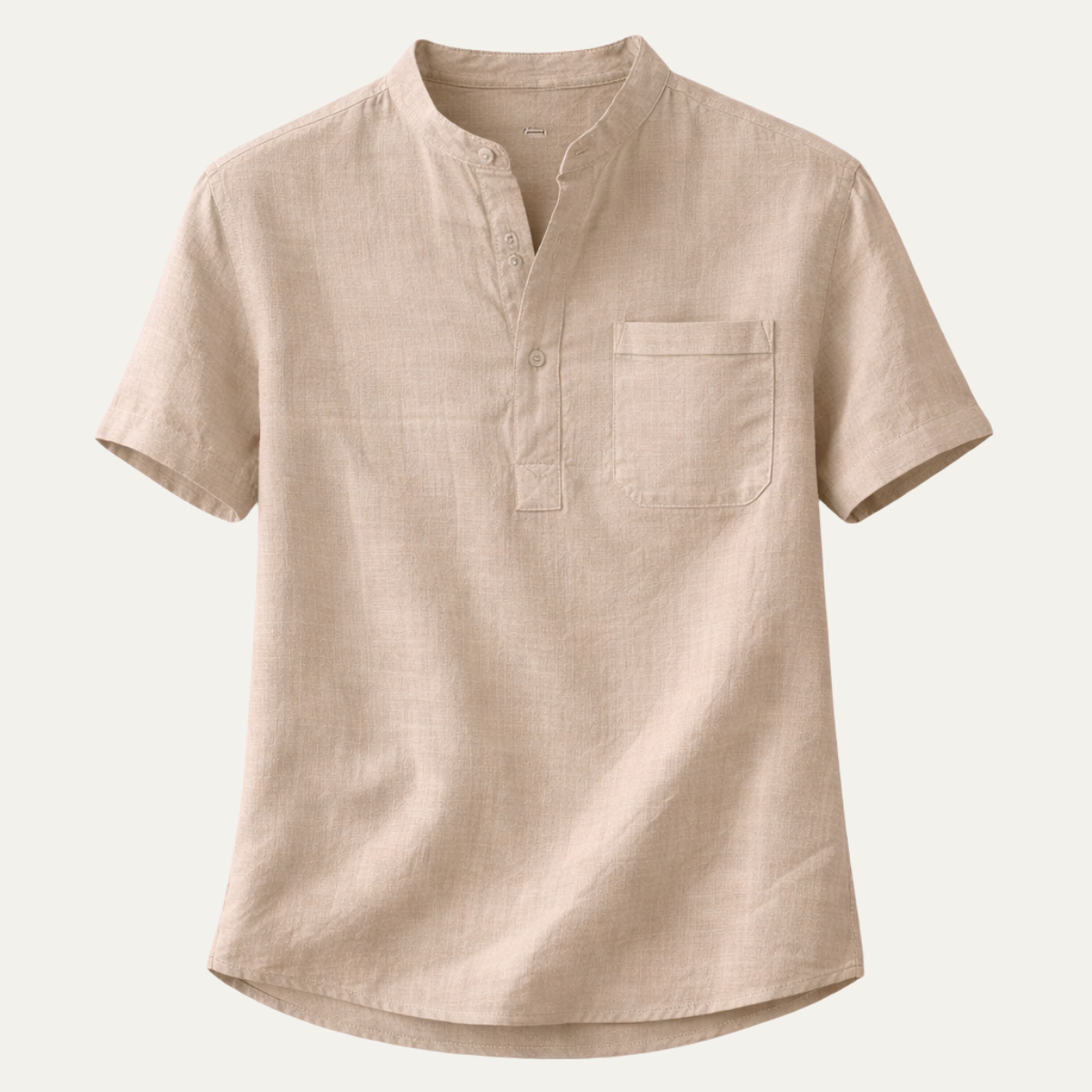 Beige short-sleeve Henley shirt with a button placket and chest pocket