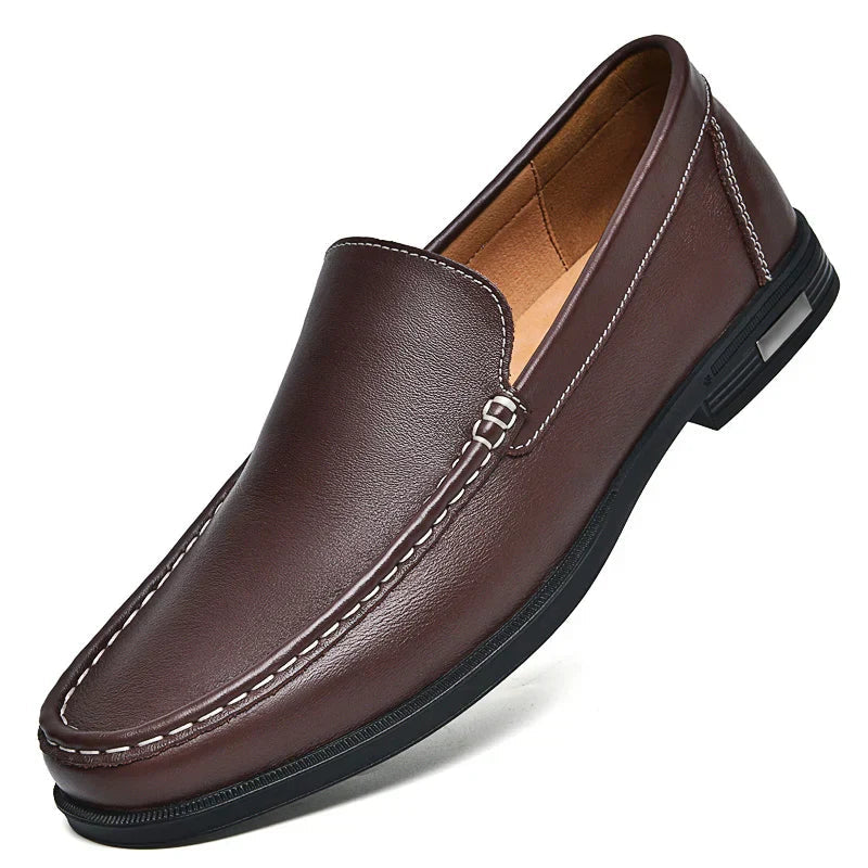 Brown plain-front slip-on dress loafers with moc-toe stitching
