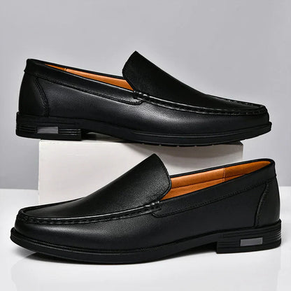 Black plain-front slip-on dress loafers with moc-toe stitching