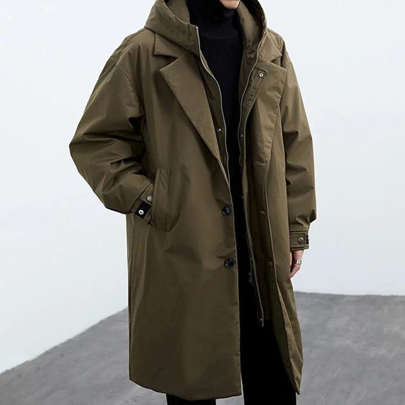 Men's Winter Long Hooded Coat Warm Layered Smart Casual