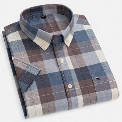 Folded gray, blue and brown large-check short-sleeve button-down shirt