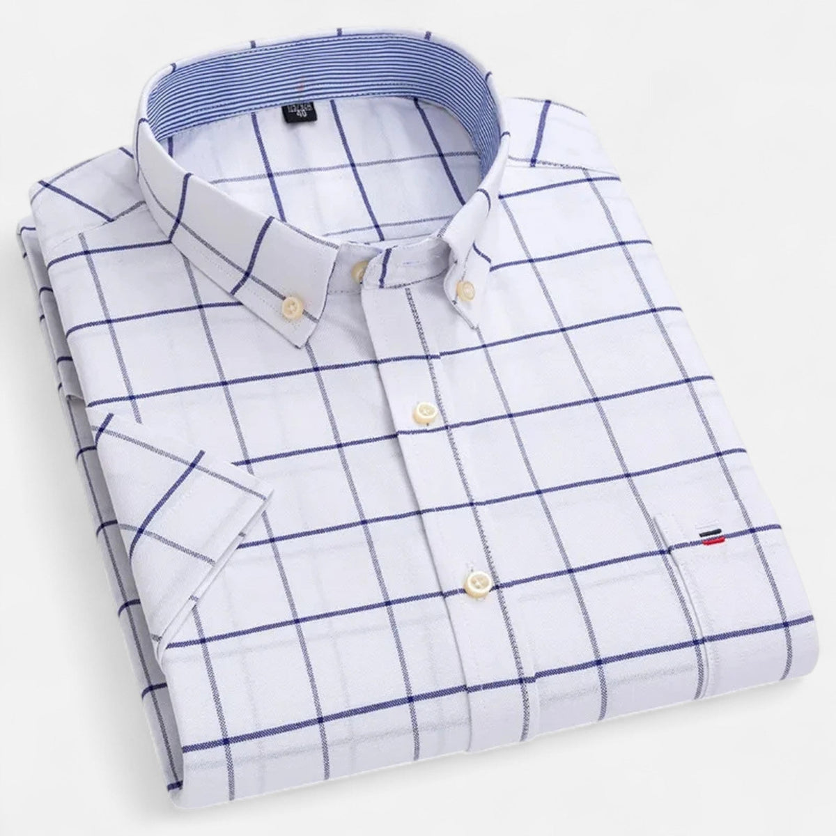 Folded white windowpane-check short-sleeve button-down shirt with navy lines