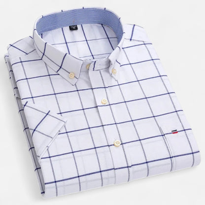 Folded white windowpane-check short-sleeve button-down shirt with navy lines