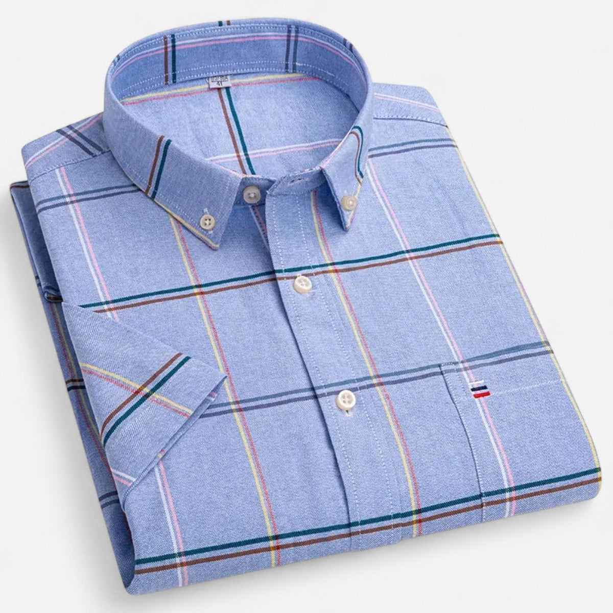 Folded light blue multicolor plaid short-sleeve button-down shirt