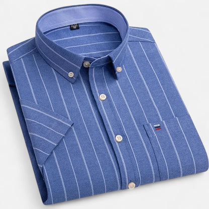 Folded blue pinstripe short-sleeve button-down shirt