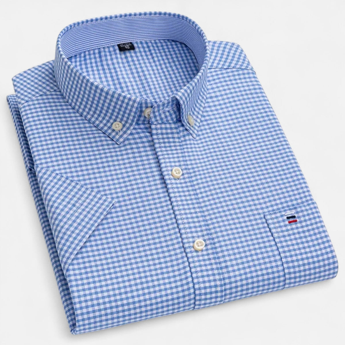 Folded blue and white gingham short-sleeve button-down shirt