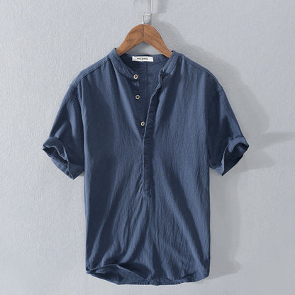 Men's button-up top with a band collar