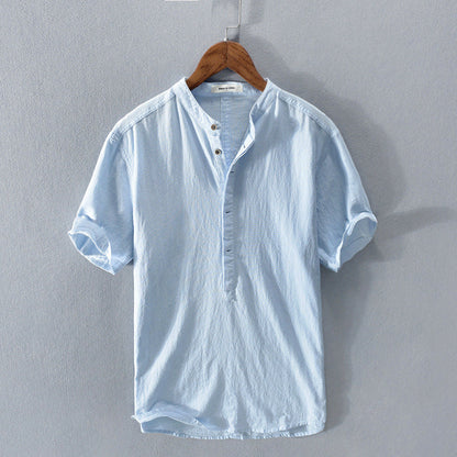 Men's button-up top with a band collar