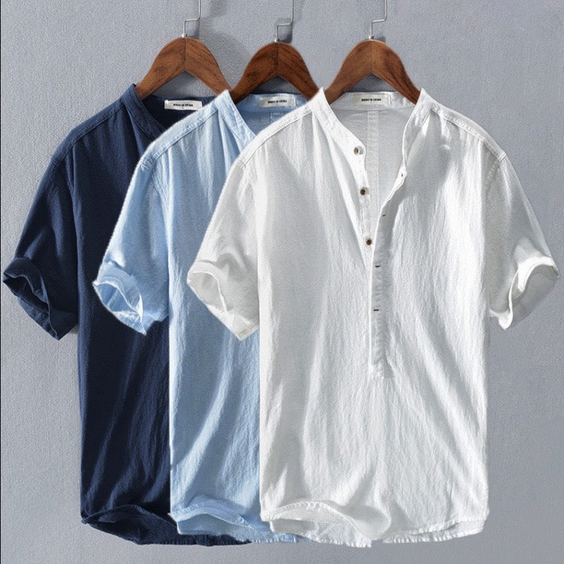 Men's button-up top with a band collar