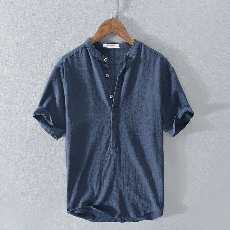 Men's button-up top with a band collar